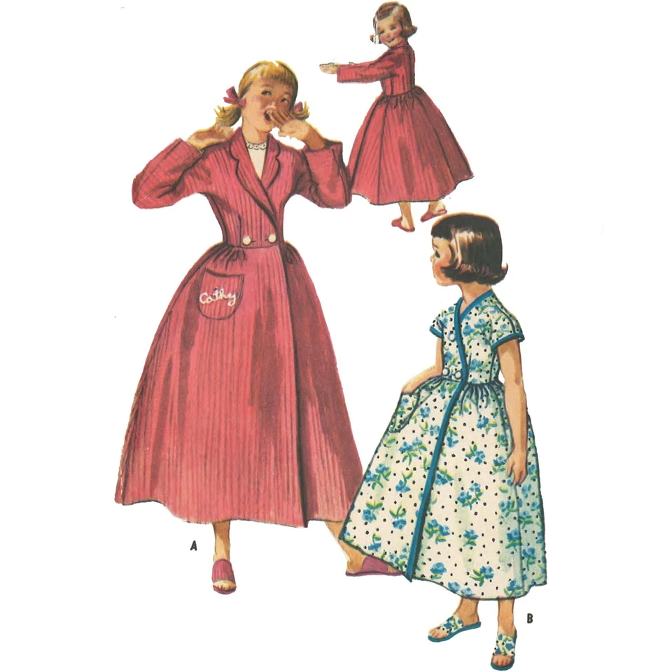 50s Pattern, Girls' Dressing Gown, Robe & Mule Slippers Set - Bust=30” (76cm) - Image 1 of 1