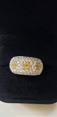 Yellow & White Diamonds in a pave setting 1.58 CT Ring 14K White Gold  Size 6.25 - Image 1 of 4