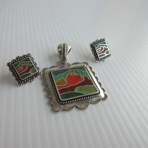 VTG Carolyn Pollack Sterling Silver Inlay Mosaic Pendant Earrings Set Desert - Bild 1 von 5