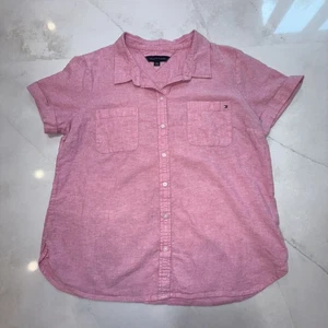 Tommy Hilfiger Pink Short Sleeve Button Up Top Women’s XL Collared Casual - Picture 1 of 8