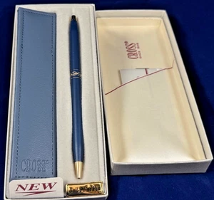 CROSS WOMANS SATIN BLUE wACCENT BAND &22k GOLD BALLPOINT PEN wLEATHER POUCH 2442 - Picture 1 of 13