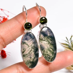 Moss Agate Peridot Gemstone Handmade Jewelry.925 Silver Earrings 1.9" GSR-12827 - Picture 1 of 2