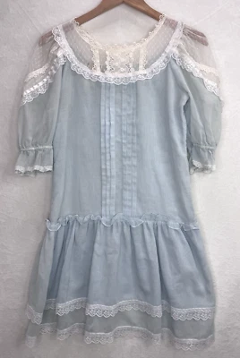 Vestido vintage Gunne Sax de Jessica Juniors talla 5 azul con encaje marfil Foto 1 de 4