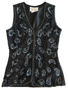 Vintage Dillards by Roberta 80er Paisley Pailletten Perlen 100% Seide schwarz Weste Gr. S - Bild 1 von 11