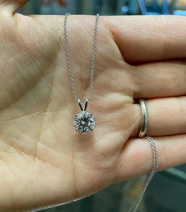 1Ct Certified Round Cut Moissanite 14K White Gold Solitaire Pendant 18" Necklace - Picture 1 of 9
