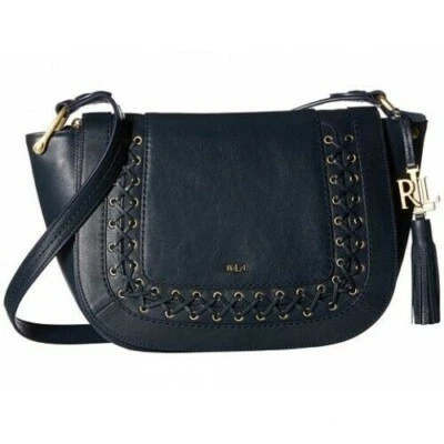 Nuevo Bolso de Mano Lauren Ralph Ashfield Amari Saddle Cuero Borla Azul Marino Oro Ojal Foto 1 de 4