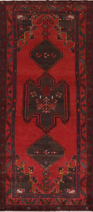 Vintage Red Geometric Meshkin Runner Rug 4x9 Wool Hand-knotted Hallway Carpet