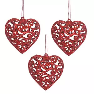 Christmas Glitter Hearts 70mm Hanging Free Decoration - Red - Picture 1 of 2