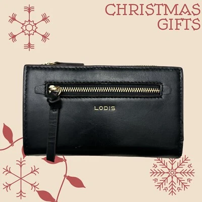 Cartera plegable con solapa mediana LODIS Ellie ~ Cuero esmaltado genuino ~ Negra ~ ÚNICA Foto 1 de 4