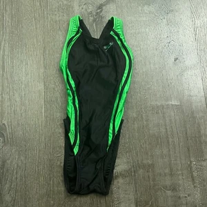 Speedo Girls One Piece Swim Suit Black Green Open Back Size 22 / 4 S - Picture 1 of 4