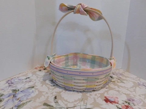 Longaberger 2001 Large Whitewashed Easter Basket- Liner Protector Handle Tie Ons Cover