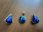 Vintage Mexican Silver Azurite And Malachite Tumbled Stone Earrings And Pendant