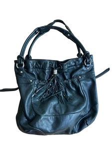 B Makowsky Leather Handbag Black Studded Fringe Satchel Purse Western - Picture 1 of 4