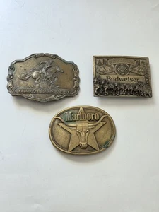 Lot Of 3 Vintage Mens Belt Buckles Marlboro Budweiser Wells Fargo Brass 1980's - Picture 1 of 7