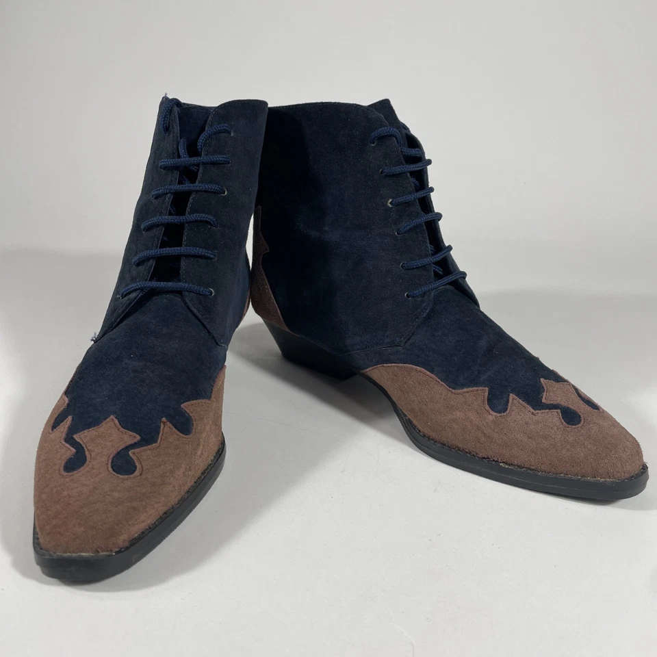De Colección Newport News Western Botines Azul Marino Tostado Gamuza Con Cordones Punta Punta Punta 6B Foto 1 de 4