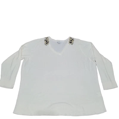Blusa suéter abuela Jaclyn Smith 3X blanca cuello en V adornada con cuentas Foto 1 de 4