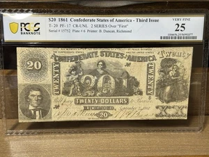 1861 Confederate States of America $20 Note – T-20 Third Issue PCG VF 25 - Picture 1 of 3