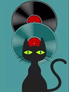Atomic Era MCM Designed Cat with Records Print on Canvas/Framed Option - Bild 1 von 2
