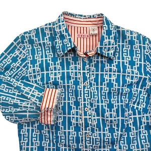 Dizzy Lizzie TIZZIE Button Up Shirt Contrast Cuff Blue Orange Geo Retro Womens M - Picture 1 of 10