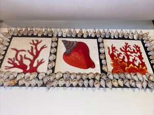 Vintage Framed Folk Art Maritime 3 Seashell & Coral Tiles W/shells On Frame - Picture 1 of 16