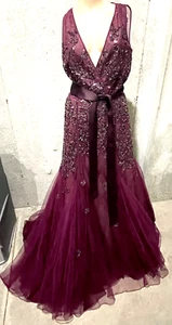 Dennis Basso Bead Embroidered Wine Tulle Long Ball Gown Evening Dress IT 42 US 6 - Picture 1 of 7