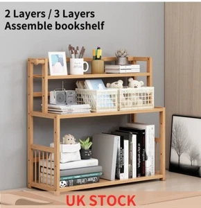Bamboo Desktop Bookshelf Bookcase Organizer Office Table Storage Shelves Rack - Picture 1 of 8