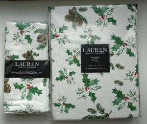 Ralph Lauren 60 x 84 Tablecloth + 4 Napkins Holly Pine Cones Christmas 60x84 - Picture 1 of 7