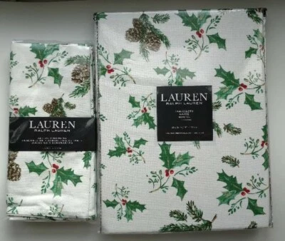 Ralph Lauren 60 x 84 Tablecloth + 4 Napkins Holly Pine Cones Christmas 60x84  - Image 1 of 4