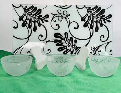 Gorham Smoked Floral 14” Chip and Dip Condiment Tray & 3 Matching Dipping Bowls - Image 1 of 4