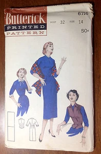 Vintage Sewing Pattern Dress Weskit Stole Cuffs 1940s 1950s BUTTERICK 6716 B32 - Picture 1 of 3