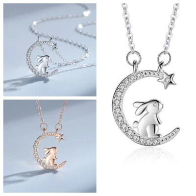 925 Placcato Argento Luna Stella Coniglio Love Boy Goccia Catena Lunga Perline - Immagine 1 di 4