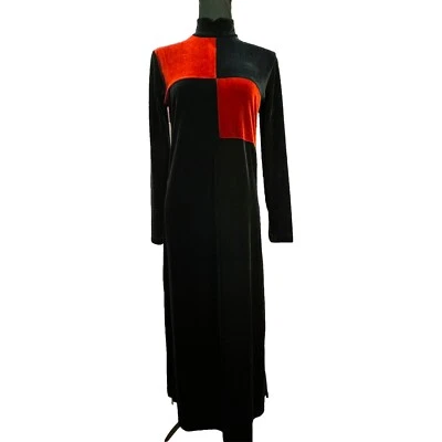 Maxi Vestido Vintage Terciopelo 4 Bloques de Color Mod Vacaciones Retro Doble Abertura Negro Rojo Foto 1 de 4