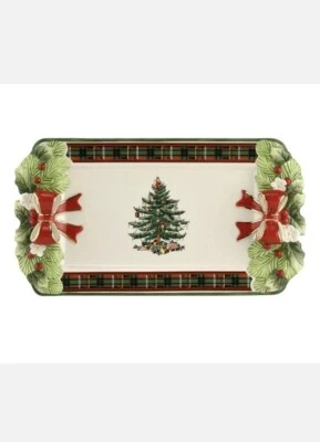 Spode Christmas Tree Figural Tartan 12 Inch Tray, Bows & Holly Dolomite Handle - Image 1 of 4