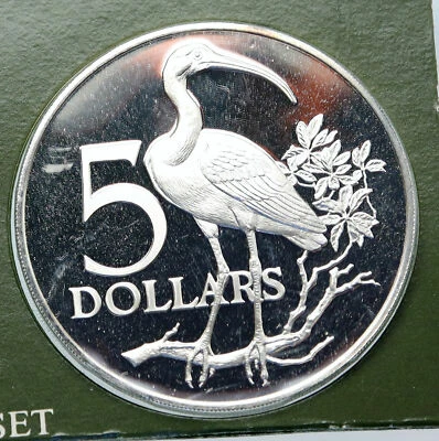 1975 TRINIDAD and TOBAGO Ibis INDEPENDENCE Old Proof Silver 5 Dollar Coin i85604 - Image 1 of 3