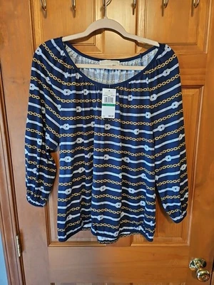 Michael Kors 海军蓝航海 3/4 袖上衣,尺寸 L 大圆领 — 第 1/4 张图片