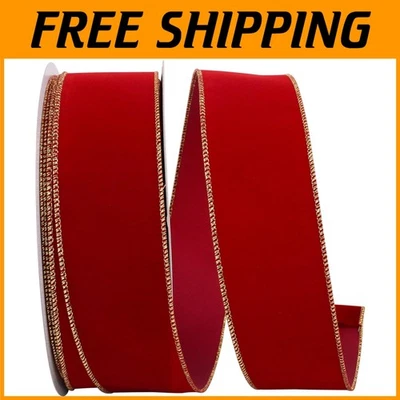 Festive Wired Velvet Ribbon, Scarlet/Gold, 2.5" x 50 Yards - Image 1 of 2