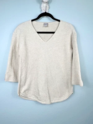 Chico's Women's Sweater Size 0 US S Beige V-Neck Cotton Blend 3/4 Sleeve Neutral - Image 1 of 4