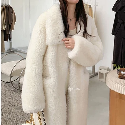 Mujeres Invierno Nuevo Abrigo de Piel de Cordero Cuello Solapa Chaquetas Largas Suelto Cálido Prendas de abrigo Foto 1 de 4