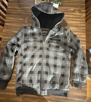 Chaqueta con Capucha Forrada Sherpa Carbono Para Hombre XXL Negra Gris A Cuadros Cremallera Vellón Y2K Foto 1 de 4