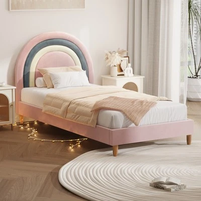 Oikiture Bed Frame Single Size Rainbow Kids Bed Frame Pink Velvet - image 1 of 4