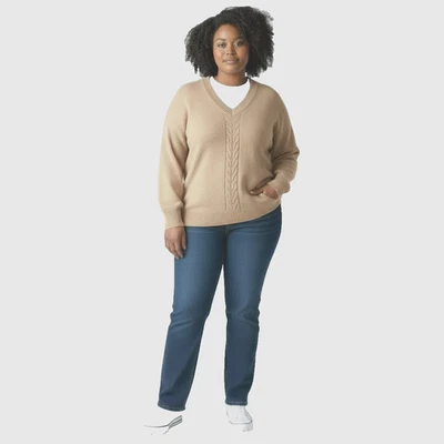 Suéter Pulôver Feminino Lane Bryant PLUS 22/24 Bege Decote V Preppy Clássico Macio - Imagem 1 de 4