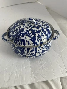 GOLDEN RABBIT Blue & White 2.5 Quart "Cobalt Swirl" Enamelware DUTCH OVEN - Picture 1 of 7