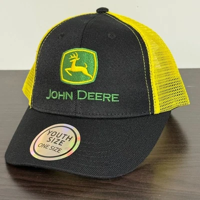 YOUTH John Deere Snapback Hat Adjustable Trucker Cap Black Yellow NEW with Tags! - Image 1 of 4