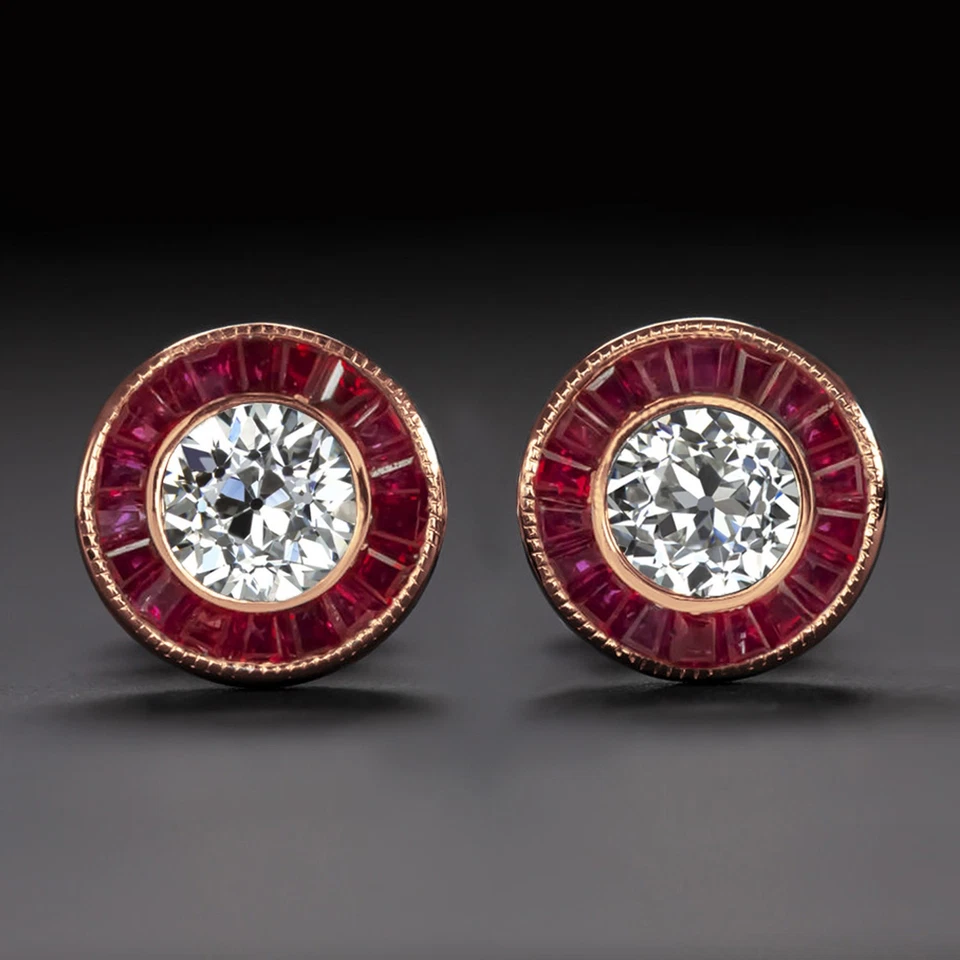 PENDIENTES DE RUBÍ DIAMANTE CERTIFICADO GIA 1ct Art Deco estilo vintage halo redondo Foto 1 de 1