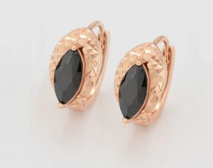 Rose Gold Women's Black Onyx Gemstone Designer Huggie Hoop Earrings - Picture 1 of 3