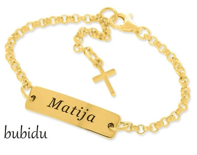 GALWANI ID Armband zur Taufe Kommunion mit Gravur vergoldet Kreuz Anhänger Namensarmband