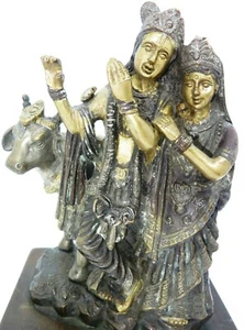SEÑOR KRISHNA CON RADHA RANI Y VACA ANTIGUA ESTATUA DE BRONCE INDIA - HINDUISMO - Imagen 1 de 12