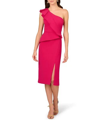 Vestido Vaina Aidan Mattox Crepe Un Hombro Frontal Cortina Midi Talla 10 Foto 1 de 3