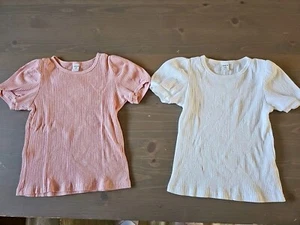 Girls Shein Puff Shoulder Short Sleeve T Shirt Top Shirts White Pink 7 Cotton - Picture 1 of 9