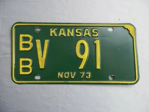Vintage 1973 Kansas Bourbon County BB License Plate Tag V 91 Green/Yellow - Picture 1 of 2